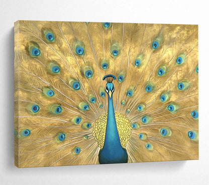 “Golden Peacock Display” - Gold, Blue, Green, Ornate Animal Painting On Canvas HB0687