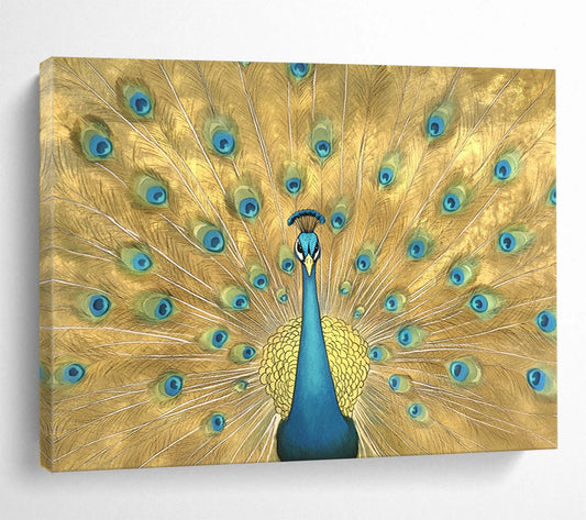 “Golden Peacock Display” - Gold, Blue, Green, Ornate Animal Painting On Canvas HB0687