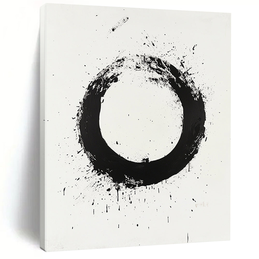 Black Circular Brushstroke with Splatter & Drip - “Classic Enso Expression” Painting On Canvas HB250