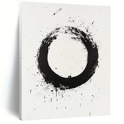 Black Circular Brushstroke with Splatter & Drip - “Classic Enso Expression” Painting On Canvas HB250