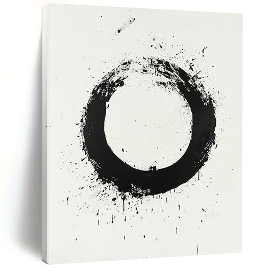 Black Circular Brushstroke with Splatter & Drip - “Classic Enso Expression” Painting On Canvas HB250