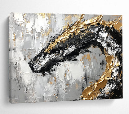 “Golden Dragon on Textured Gray” - Gray, Gold, Black, White, Abstract Textured Dragon Painting On Canvas HB1093
