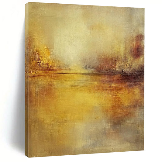 Contemporary hand-painted abstract artwork featuring muted tones, soft brushstrokes, and a tranquil water reflection illuminated by golden hour light. DLZ0420