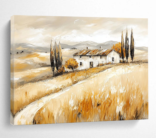 “Tuscan Farmhouse in Golden Fields” - Warm Beiges, Browns, Yellows, Farmhouse in Rolling Fields - Contemporary Oil Painting HB1694