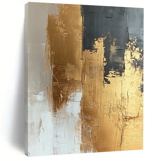 Contemporary abstract painting featuring textured gold foil on a beige and white canvas showcasing dynamic brushstrokes and a refined neutral palette. DLZ1019