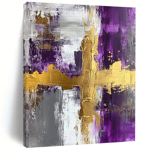Contemporary painted abstract art features acrylic on textured canvas with gold foil accents in purple and grey, highlighted by a central cross shape. DLZ0276
