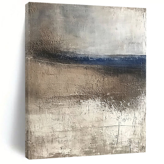 Contemporary abstract artwork featuring textured canvas with weathered hues of blue and brown evoking serene coastal landscapes and tranquility in a minimalist style. DLZ0445