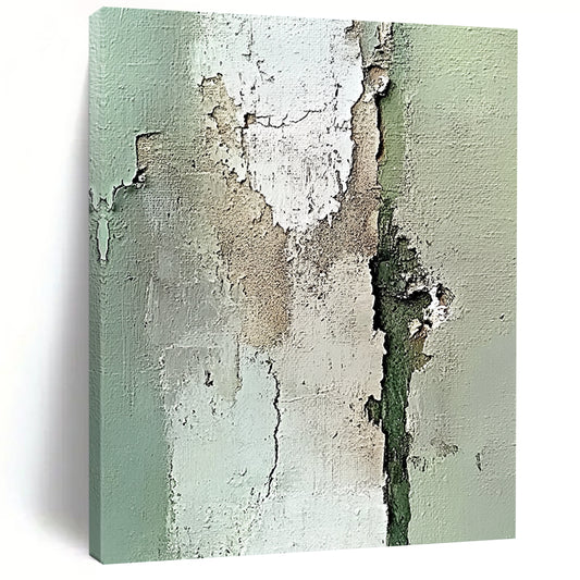 Contemporary abstract artwork featuring an old peeling wall in neutral tones with intricate light green and beige textures using impasto technique. DLZ1199