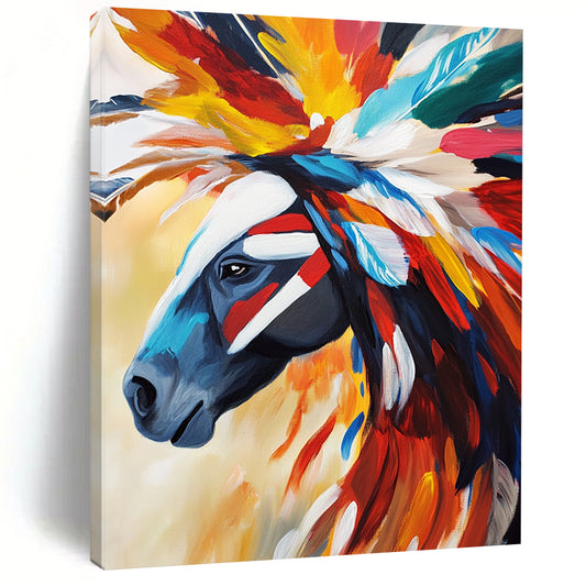 Vibrant contemporary hand-painted abstract artwork featuring an Indian-feathered horse adorned with colorful feathers showcasing traditional Native American artistic expression. DLZ1196