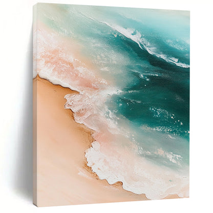 Contemporary hand-painted abstract artwork featuring a sandy beach with gentle waves in light pink and turquoise tones, evoking nature's serene beauty. DLZ1222