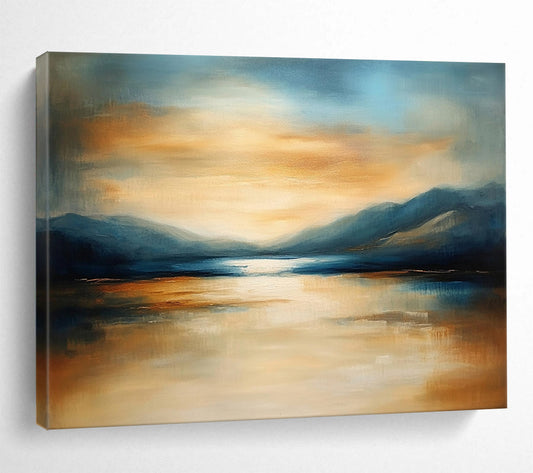“Mountain Lake Sunset” - Orange, Blue, Beige, Landscape Oil On Canvas HB0703
