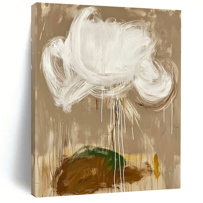 Contemporary hand-painted abstract artwork featuring a white cloud and brown earth on a beige background with white brush strokes and green details. DLZ0607