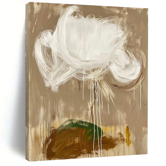 Contemporary hand-painted abstract artwork featuring a white cloud and brown earth on a beige background with white brush strokes and green details. DLZ0607