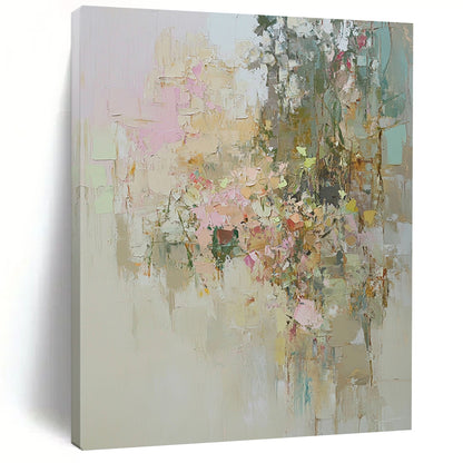 Contemporary abstract artwork showcasing an overgrown garden in muted pastels with visible textures and dreamy soft lighting emphasizing natural beauty. DLZ0889