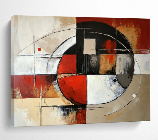 “Circular Geometric Abstract” - Red, black, white, beige, gray; Circular and linear geometric abstract; Acrylic Painting On Canvas HB1242