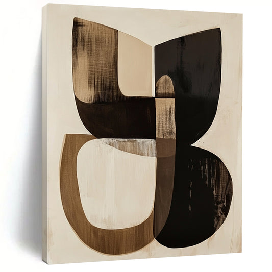 Contemporary hand-painted abstract art featuring overlapping oval shapes in beige and black with emerging dark forms and cream-colored blocks above. DLZ1369