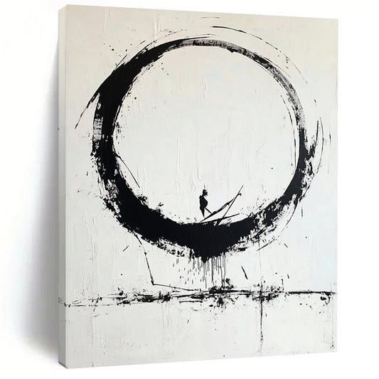 Black Circular Brushstroke with Figure - “Enso Journey” Painting On Canvas HB244