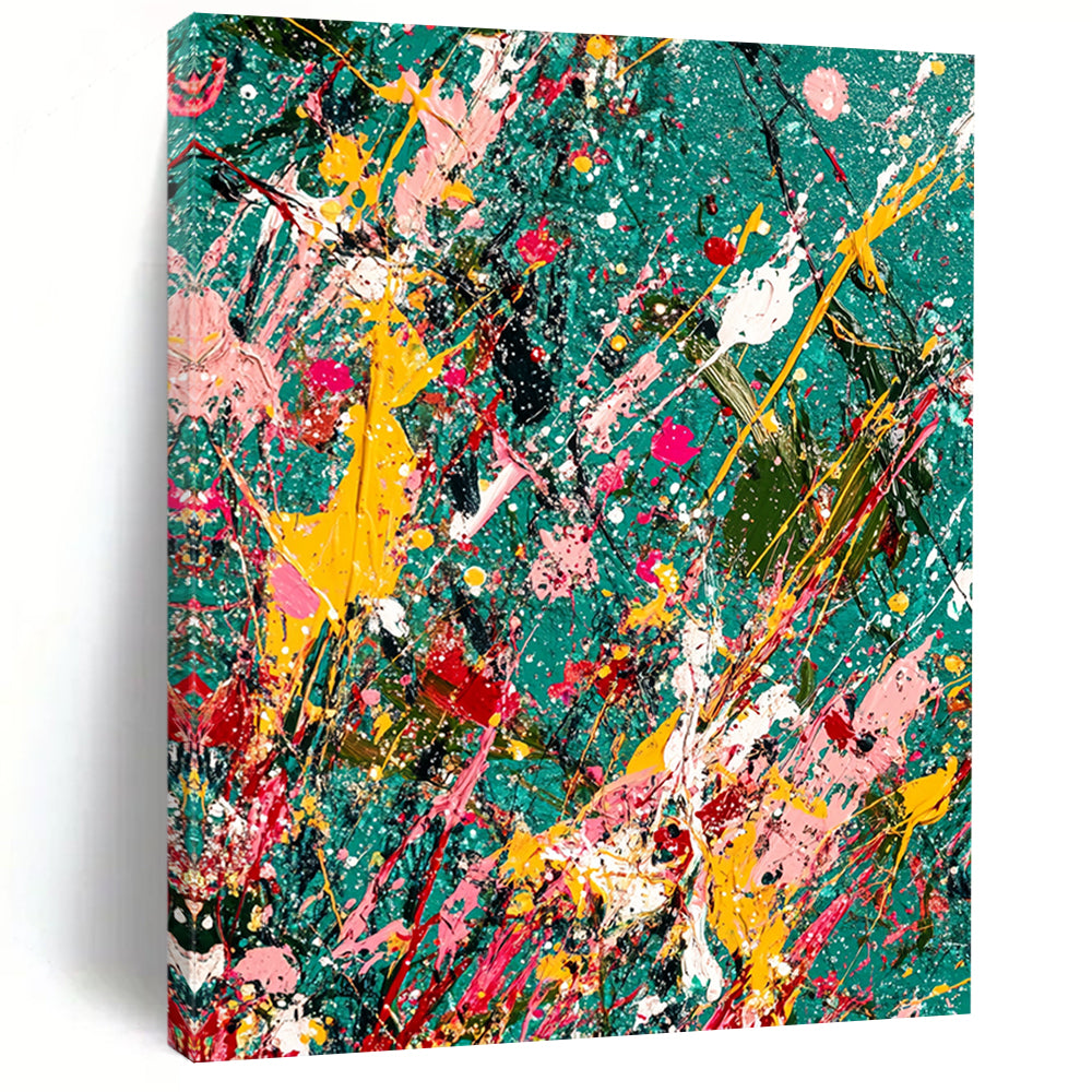 Vibrant contemporary abstract painting featuring splattered paint and glitter on a teal canvas with jungle-green background symbolizing creativity in chaos. DLZ1177