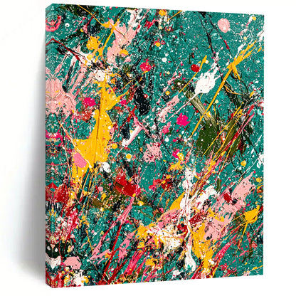 Vibrant contemporary abstract painting featuring splattered paint and glitter on a teal canvas with jungle-green background symbolizing creativity in chaos. DLZ1177