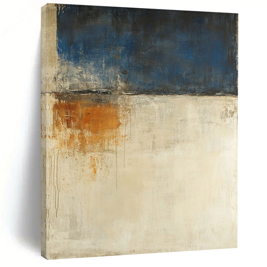 Contemporary abstract painting features a beige and blue palette large brush strokes and moody landscape with earthy tones and white spaces. DLZ0695