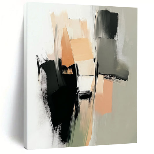 Contemporary hand-painted abstract art featuring thick brushstrokes in neutral tones of beige and black with geometric shapes and soft edges. DLZ0430