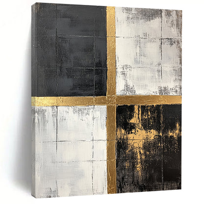 Black, White, Gold, Grid - Crossed Squares "Gilded Grid Intersection" Abstract Geometric Painting On Canvas HB161