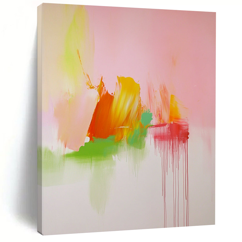 Contemporary hand-painted abstract art featuring soft pink green and orange tones inspired by Cy Twombly's dynamic style. DLZ1703