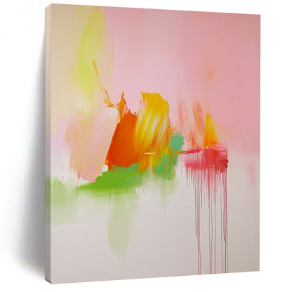 Contemporary hand-painted abstract art featuring soft pink green and orange tones inspired by Cy Twombly's dynamic style. DLZ1703