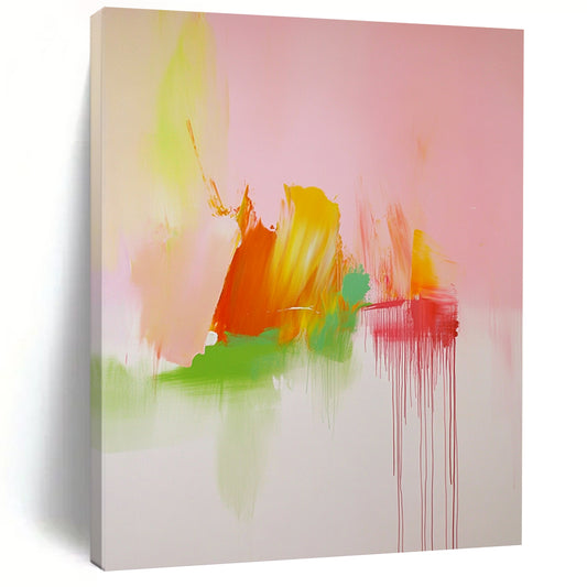 Contemporary hand-painted abstract art featuring soft pink green and orange tones inspired by Cy Twombly's dynamic style. DLZ1703
