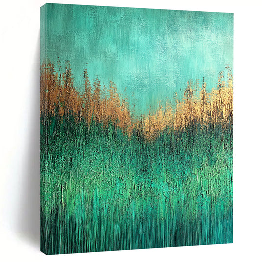 Contemporary abstract painting depicting a textured grassy meadow in aqua green and brown shades on canvas with UHD quality. DLZ0597