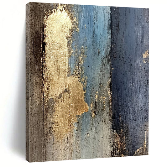 Contemporary abstract artwork featuring a textured wooden wall with peeling paint and glimpses of gold leaf, evoking a dark yet luminous atmosphere. DLZ1280