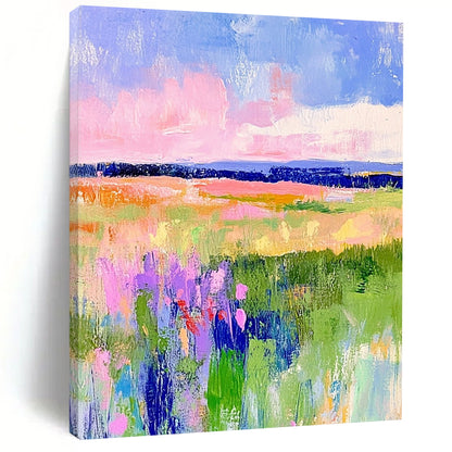 Vibrant contemporary hand-painted abstract artwork featuring pastel fields of green and pink with dreamy skies in blue and purple tones. DLZ1284