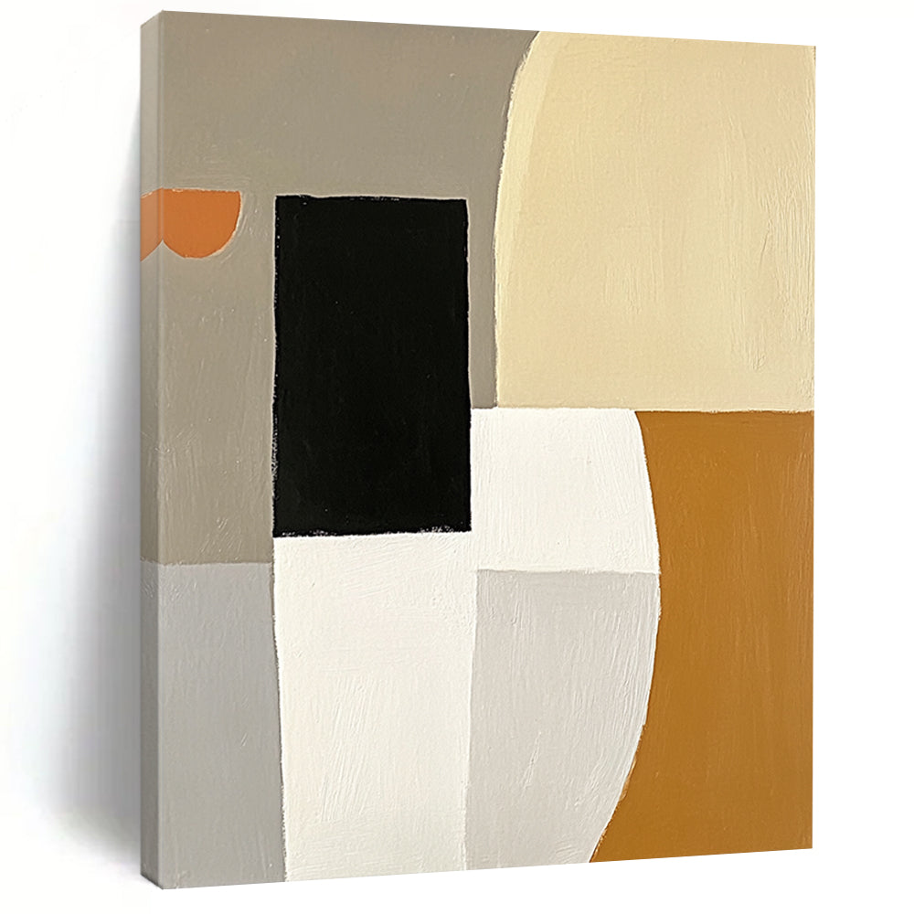 Contemporary hand-painted abstract artwork featuring white and gray shapes, a black square, an orange element, and a simple form in the top left corner. DLZ0932