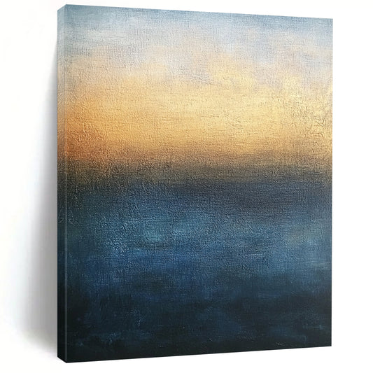 Contemporary large abstract painting with minimalist style in blue and brown tones featuring soft edges gradient sky and tranquil sea for serene atmosphere. DLZ0401
