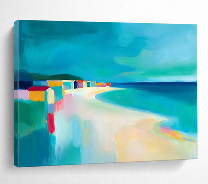 “Colorful Beach Scene with Abstract Houses” - Coastal Abstract Painting On Canvas HB0520