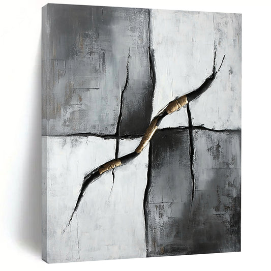 Gray, Black, White and Gold Kintsugi - Inspired "Golden Repair" Painting On Canvas HB359