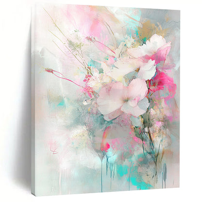 Vibrant contemporary hand-painted abstract art featuring flowers and plants in light pink and turquoise with delicate brushstrokes and soft lighting. DLZ0981