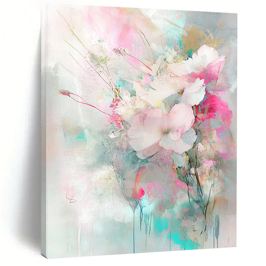 Vibrant contemporary hand-painted abstract art featuring flowers and plants in light pink and turquoise with delicate brushstrokes and soft lighting. DLZ0981