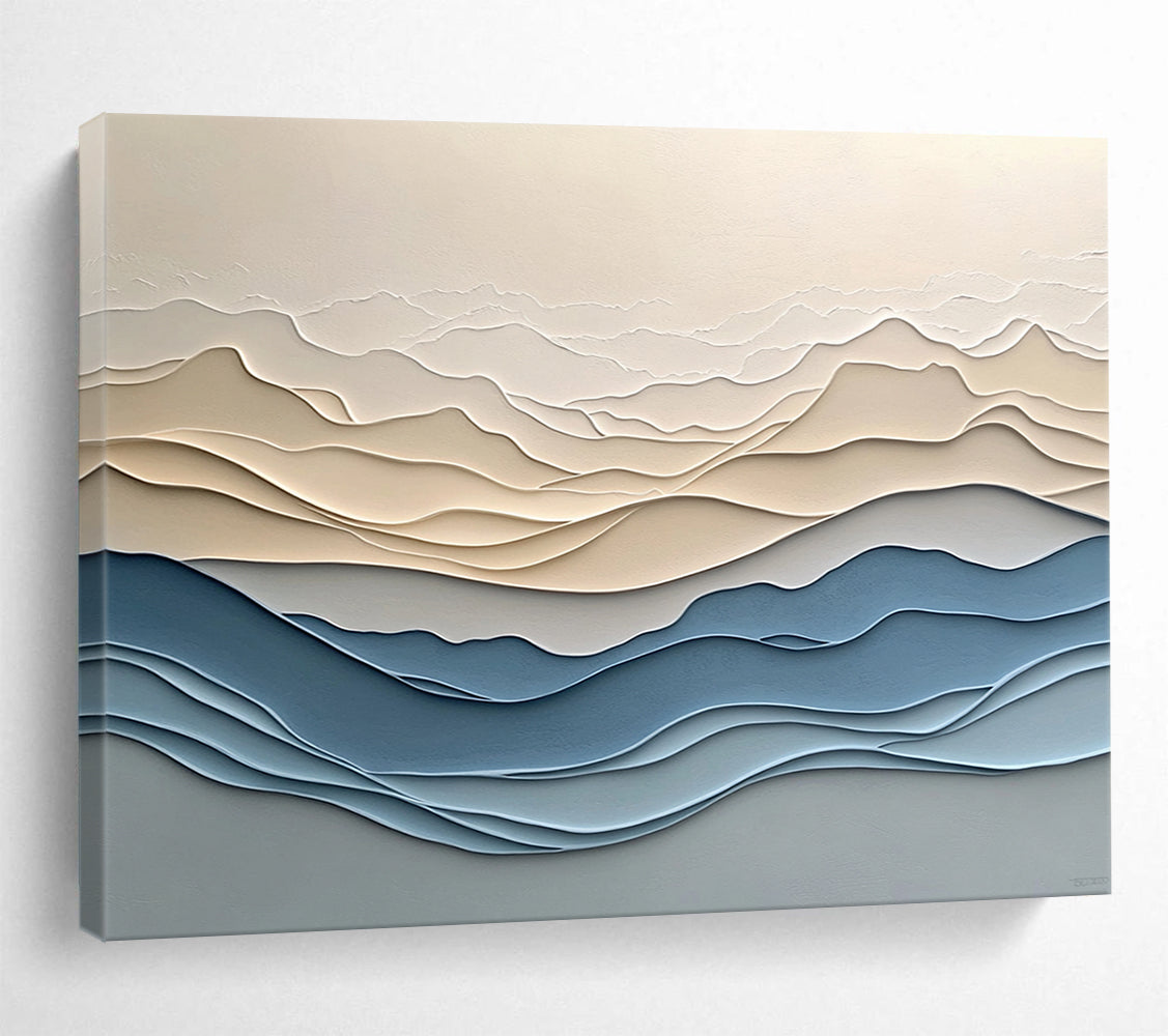 “Layered Mountain Waves” - Beige, Blue, Gray, Layered Wavy Mountain - Textured Relief Art HB1776