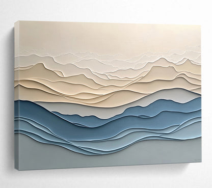 “Layered Mountain Waves” - Beige, Blue, Gray, Layered Wavy Mountain - Textured Relief Art HB1776