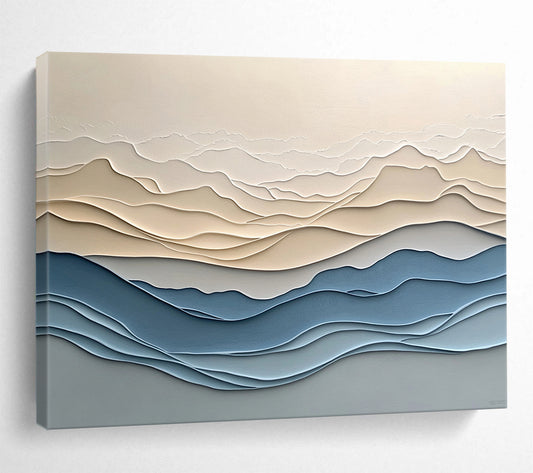 “Layered Mountain Waves” - Beige, Blue, Gray, Layered Wavy Mountain - Textured Relief Art HB1776