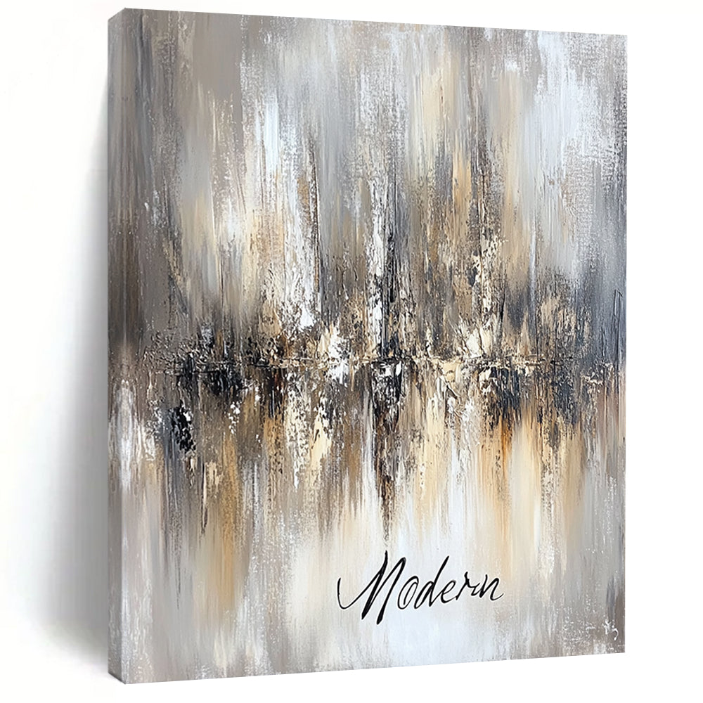Contemporary abstract artwork featuring an ethereal chandelier in beige and grey tones with "Modern" in cursive on a canvas-textured background. DLZ0457