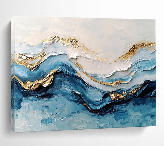“3D Textured Wave Art” - Blue, White, Gold, 3D Textured Wave Painting On Canvas HB0972
