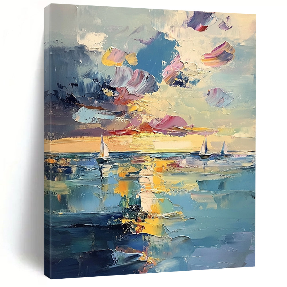 Contemporary abstract painting features a serene sea with distant sailboats and ethereal sunlight, showcasing vibrant pastel reflections and visible brushstrokes. DLZ1112