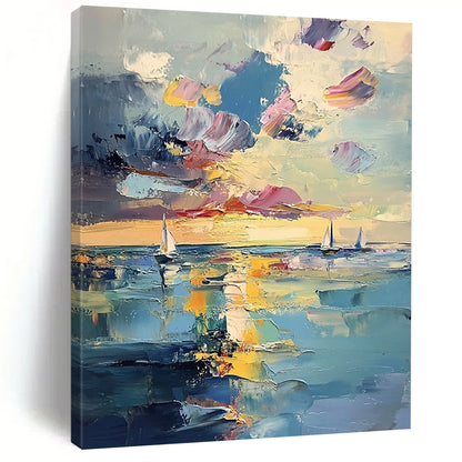 Contemporary abstract painting features a serene sea with distant sailboats and ethereal sunlight, showcasing vibrant pastel reflections and visible brushstrokes. DLZ1112