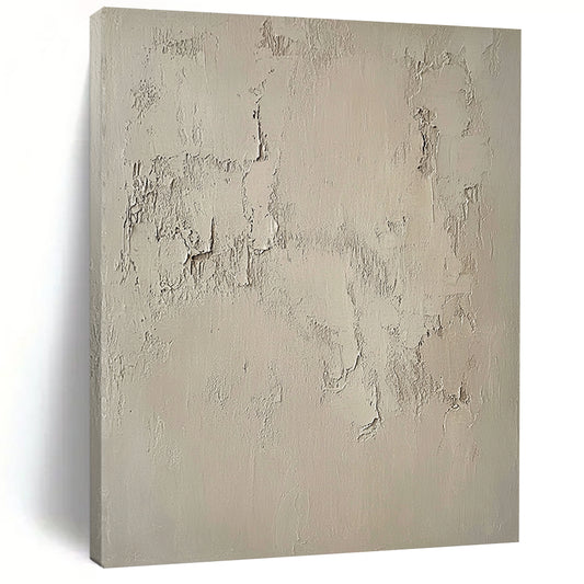 Contemporary hand-painted abstract artwork featuring a textured beige wall with intricate white patterns, capturing the beauty of weathered cement in muted tones. DLZ1115