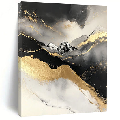 Contemporary abstract painting featuring a snowy mountain design with black and gold marble texture and grey accents on a white background. DLZ0272