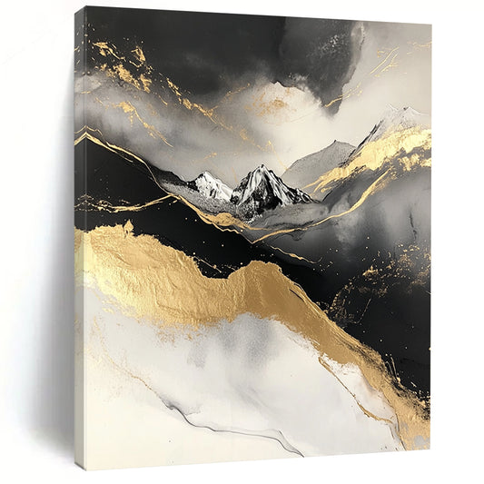 Contemporary abstract painting featuring a snowy mountain design with black and gold marble texture and grey accents on a white background. DLZ0272