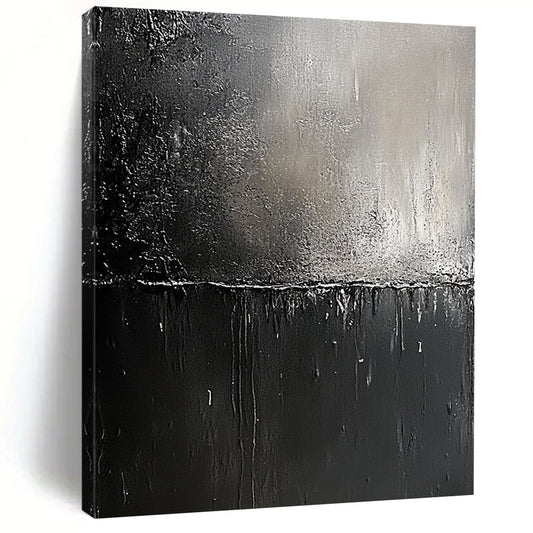 Contemporary abstract painting featuring black and gray metallic textures with visible brush strokes and a hint of light symbolizing hope and renewal. DLZ0319
