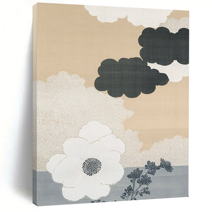 Contemporary abstract art features a beige and white cloud pattern on a gray ombre background with a large white flower and minimalist accents. DLZ1134